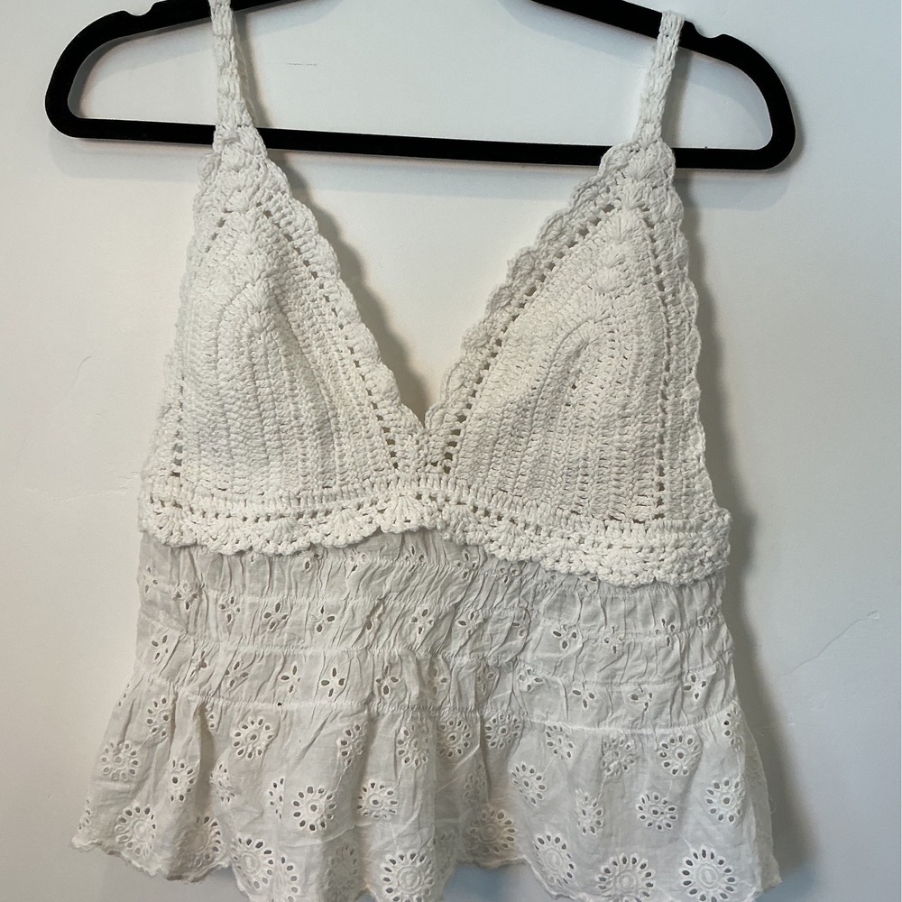 American Eagle Boho Crochet Eyelet Camisole White Smocked Back Top S Summer